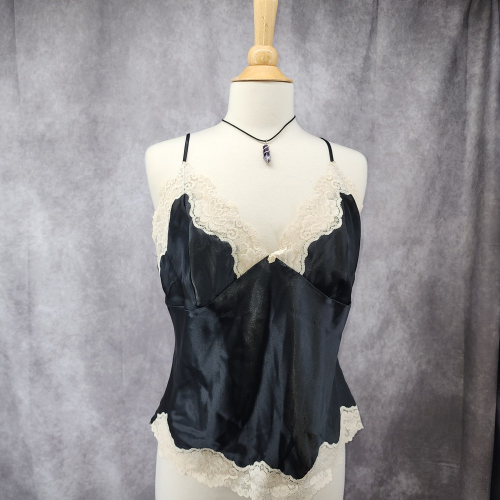 Cinejour Black Satin Lace Trim Camisole Top XL Adjustable Straps Cream Lace